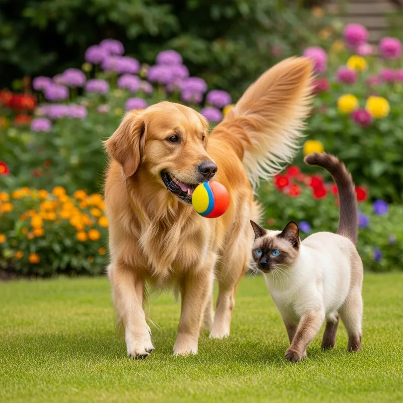 Heartwarming Dog and Cat Playing in a Picturesque Garden