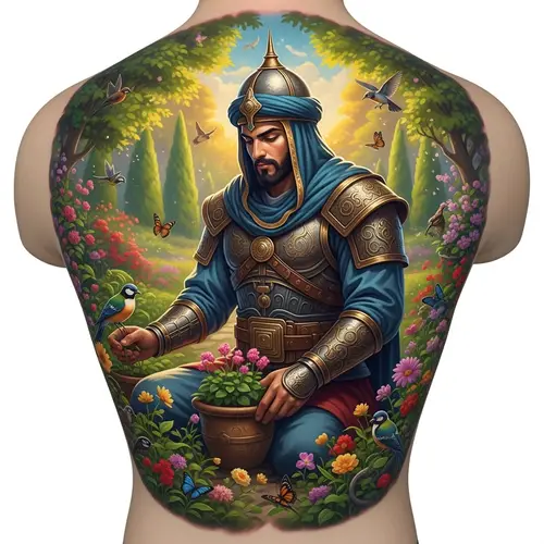 Warrior in the Garden Tattoo Design - Detailed and Realistic