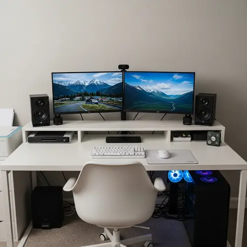 27-Inch Dual Monitor Setup on White Desk | Gaming PC & Accessories
