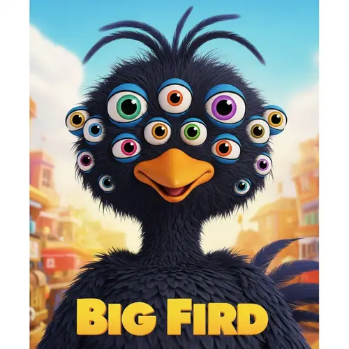 Big Bird Movie Poster: Friendly Black Bird with Multiple Eyes