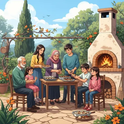 Levantine Family Celebrating New Year with Joy in Mediterranean Garden