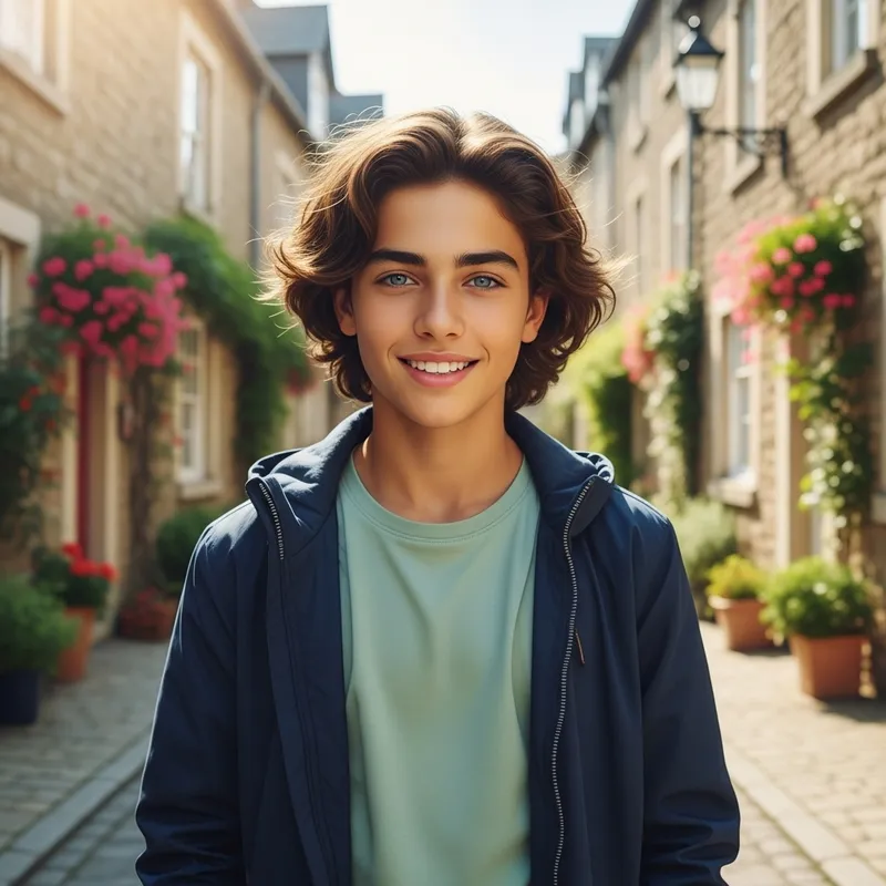 Handsome Boy with Olive Skin and Blue Eyes in Charming Old Town