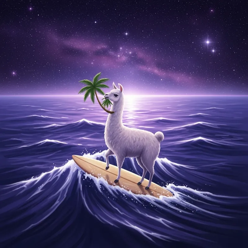 Celestial Lama Surfing in a Purple Universe with Stars and Palm Tree