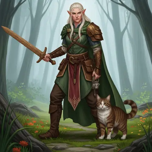 Elegant Earthy Elf with Wooden Sword Accompanied by Domestic Cat