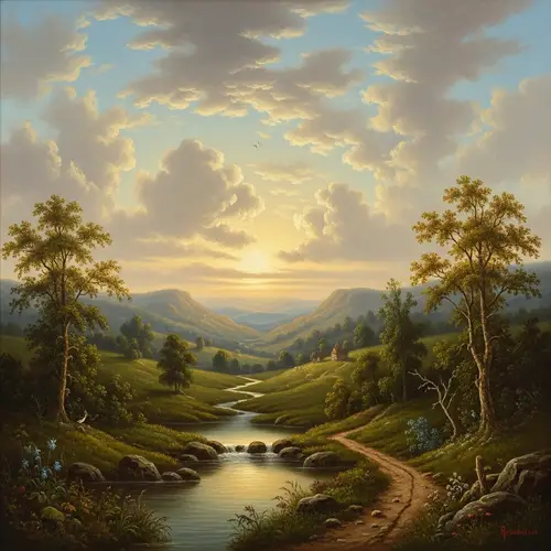 Vintage Landscape Oil Painting with Scenic Beauty