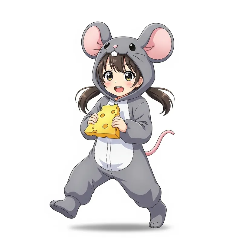 Anime Girl in Cute Mouse Costume with Cheese - Asian Style