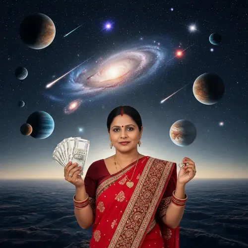 South Asian Woman Stargazing with Planets, Wealth, and Love
