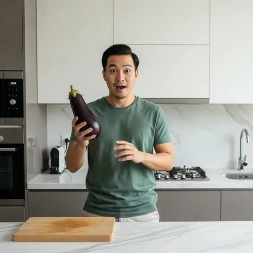Asian Man Marvels at Large Eggplant in Modern Kitchen