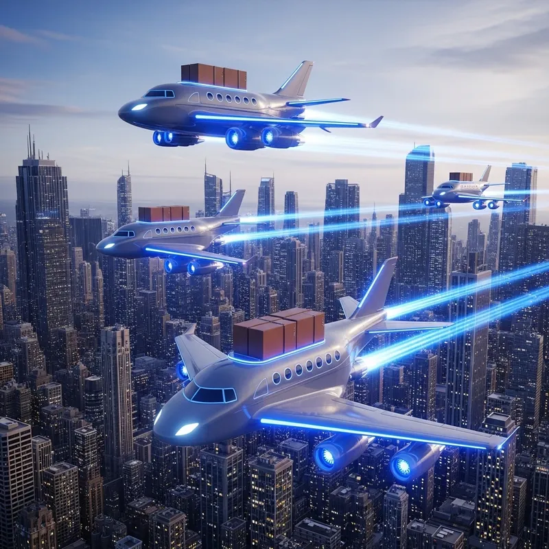 Futuristic 3D Car-Airplanes Transporting Goods in Dynamic Cityscape