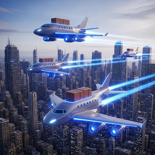 Futuristic Car-Airplanes Transporting Goods in a Dynamic Cityscape