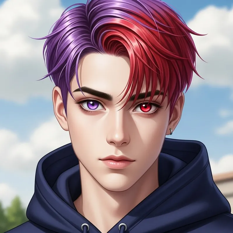 Young Man with Vibrant Purple and Red Hair and Eyes