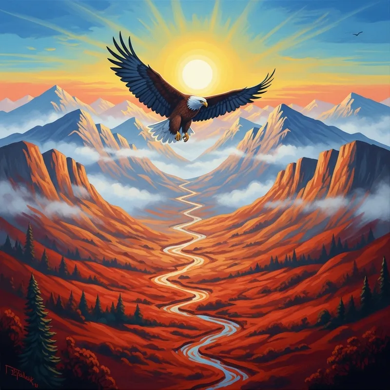 Vibrant Eagle Soaring Over Mountain Valley Painting Vibrant Eagle Soaring Over Mountain Valley Painting