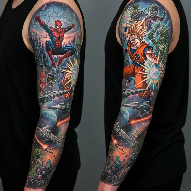 Arm Sleeve Tattoo: Spiderman, Goku, Star Wars - Pop Culture Art