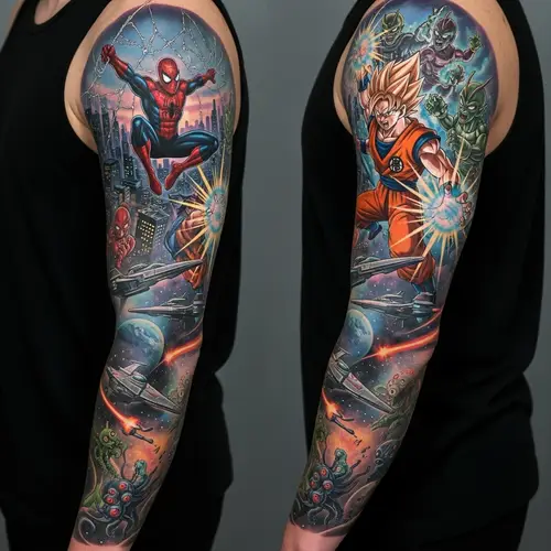 Epic Arm Sleeve Tattoo: Spiderman, Goku, Star Wars - Pop Culture Art