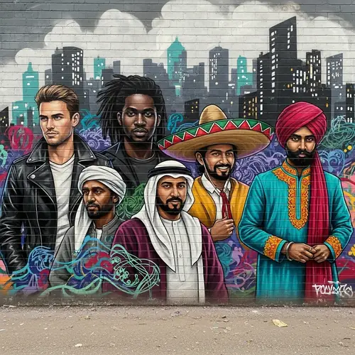 Diverse Men Graffiti Art on Brick Wall