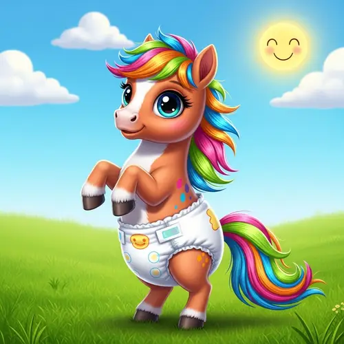 Colorful Cartoon Horse in Baby Diapers - Magical and Expressive