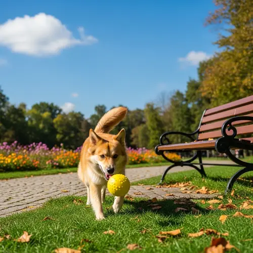 Joyful Furry Dog Chasing Yellow Ball in Park