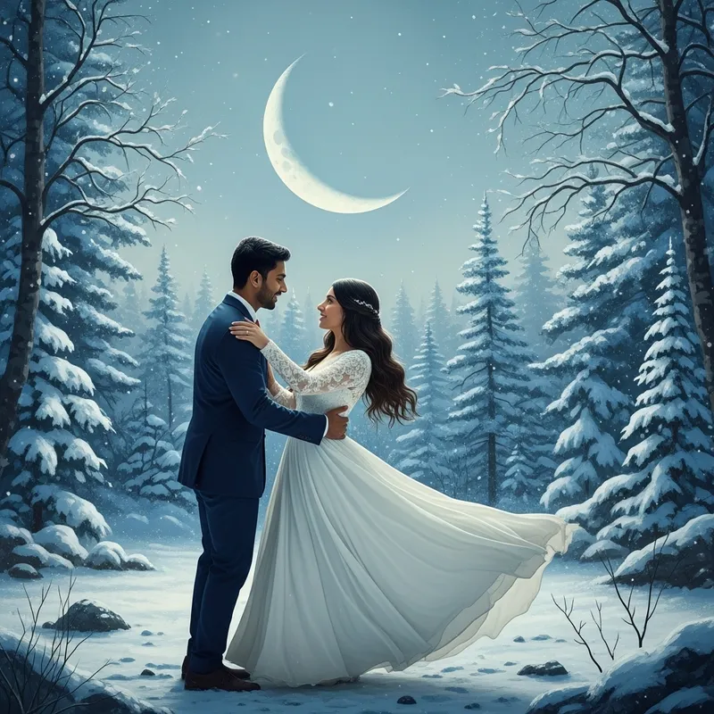 Enchanting Winter Love Dance under Moonlit Sky | Surreal Romantic Scene