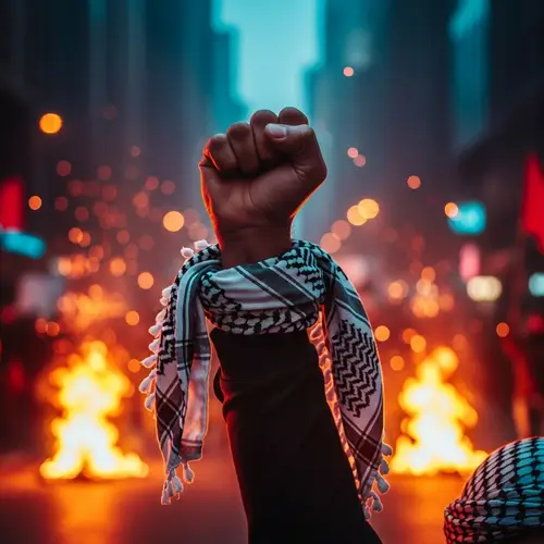 Powerful Leader Fist at Street Protest - Cyberpunk Resilience