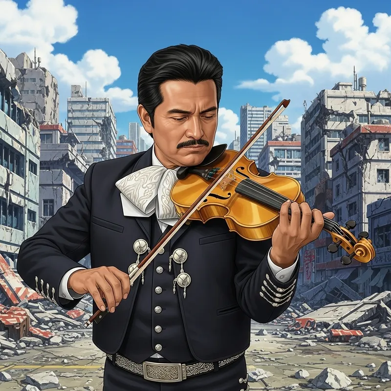 Mariachi Musician Cradling Golden Violin - Striking Image of Beauty Amidst Chaos