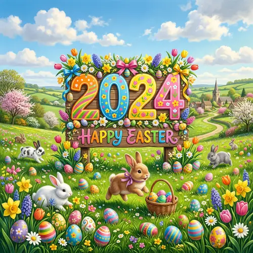 2024 Easter Sign and Bunnies - Vibrant Spring Scene