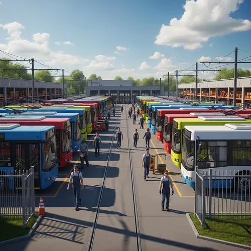 Bustling Trolleybus Depot Scene | Diversity & Efficiency