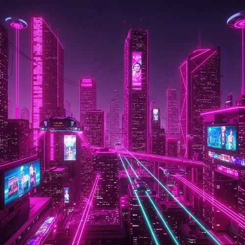 Futuristic Pink Cityscape: High-Tech Skyscrapers & Neon Lights