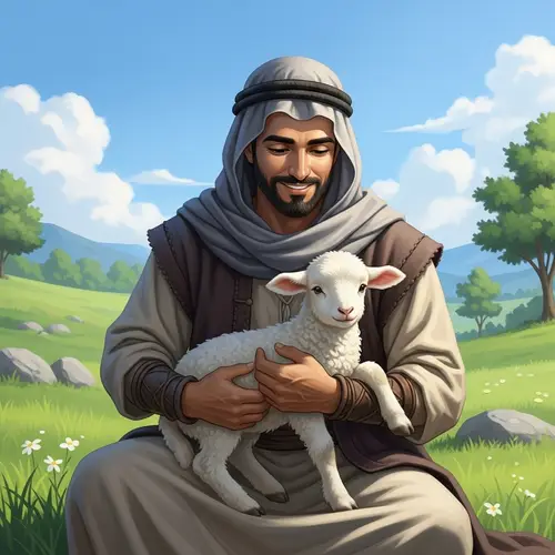 Serene Man Holding Fluffy Lamb in Tranquil Outdoor Landscape