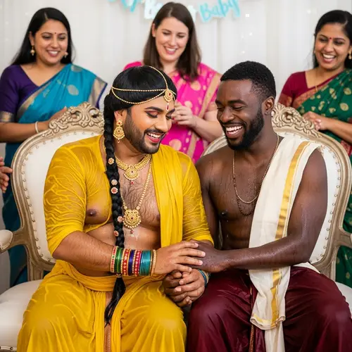 South Asian Man Dresses in Women's Attire with Partner at Baby Shower