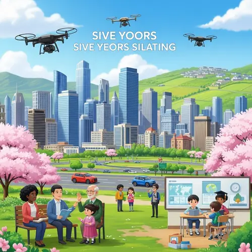 Futuristic Vision: Cityscape, Sustainable Farms, Cultural Diversity