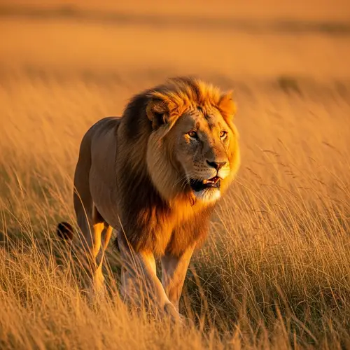 Majestic Lion Roaming the Golden Savannah Plains