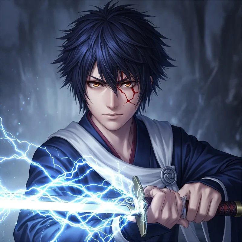 Anime Character with Dark Blue Hair and Lightning Blade