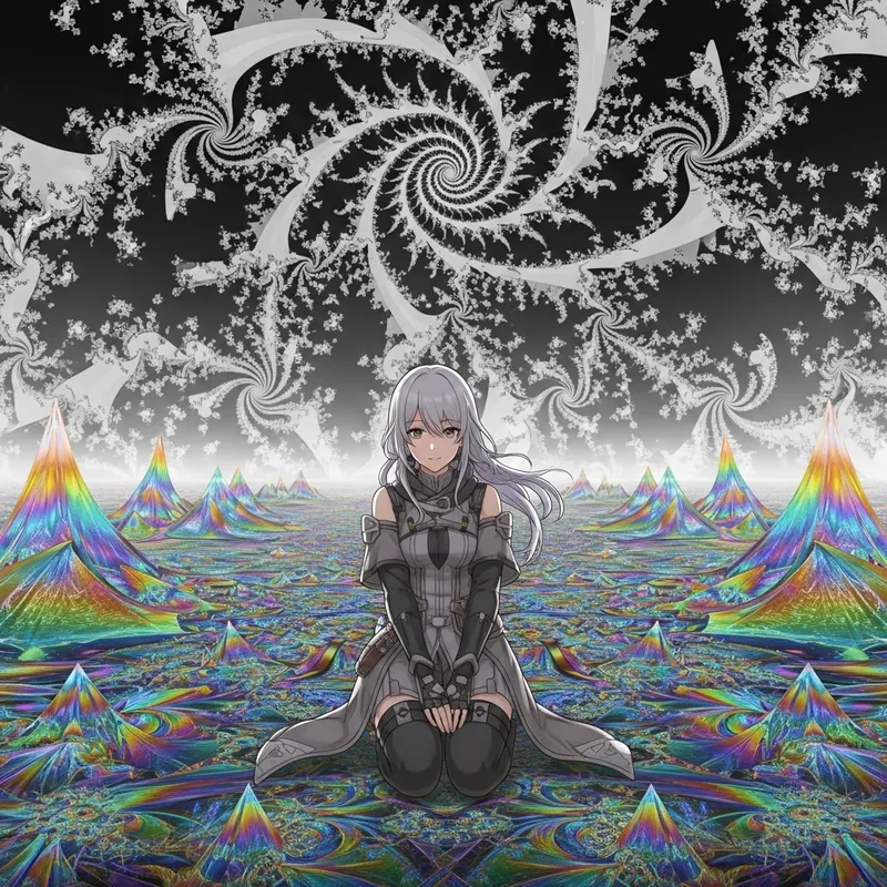 Iridescent Fractals: Anime Character in a Surreal Scene Iridescent Fractals: Anime Character in a Surreal Scene