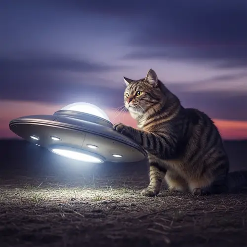 Curious Tabby Cat Encounters UFO in Twilight Field