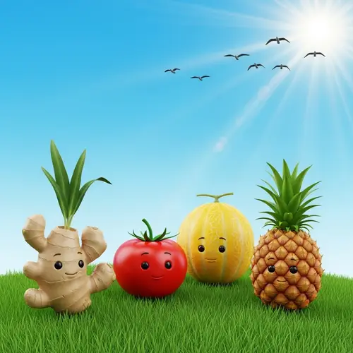 Fun Cartoon Characters: Ginger, Tomato, Melon, Pineapple