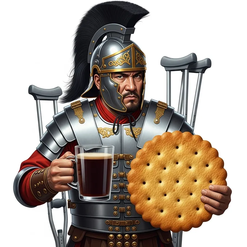 Stern Kazakh in Roman Centurion Armor with Coffee and Cookie