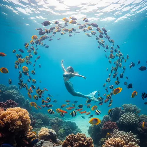 Surreal Underwater Mermaid Scene with Colorful Fish