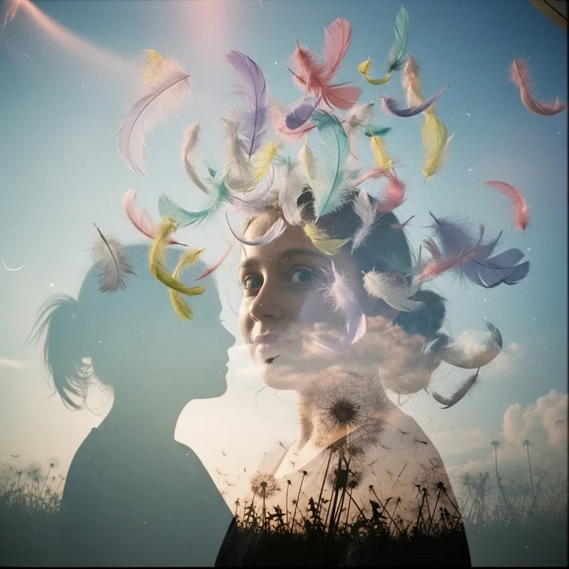 Ethereal Portrait of Girl with Floating Feathers