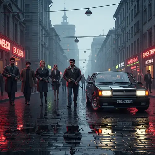 90s Russia Urban Scene: Men with Guns & Black Car in Gloomy City