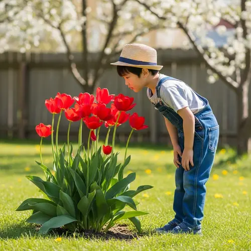 Asian Boy in Countryside Backyard Mesmerized by Giant Tulip Plant