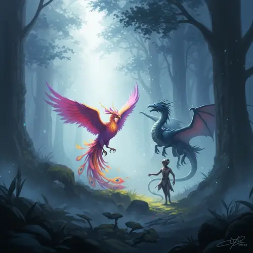 Mystical Creature in Vibrant Misty Forest | Fantasy Art