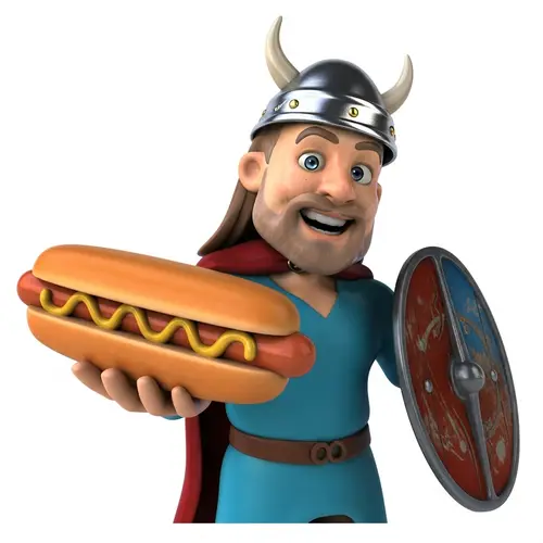 Cheerful Viking Enjoying Hotdog Sandwich - Norse Feast