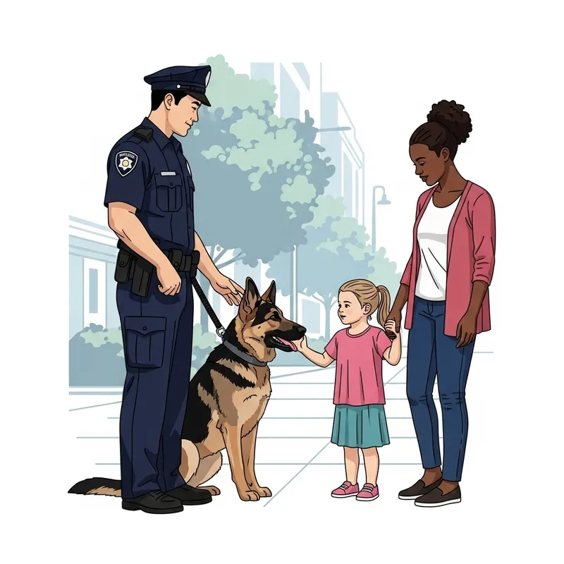 Police Dog and Officer with Girl and Mother, Vector Drawing