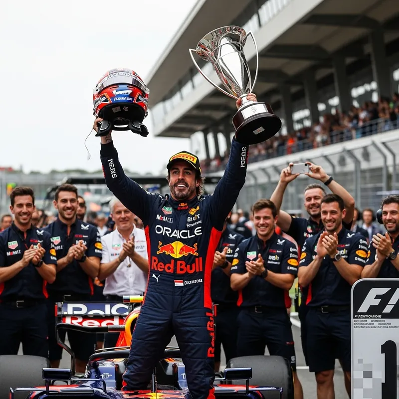 Fernando Alonso's Epic Victory Celebration with Red and Blue Racing Team