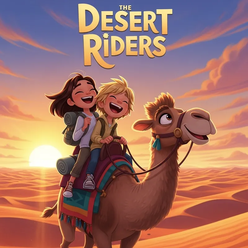 Pixar-Style Animated Movie Poster: Brunette Girl & Blond Boy on Camel in Desert