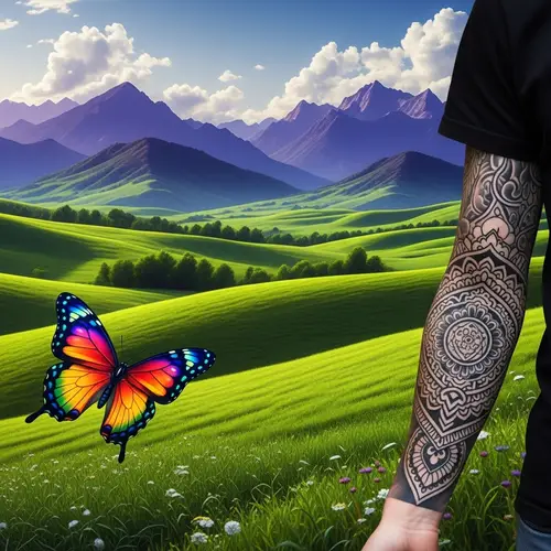 Cinematic Landscape with Majestic Purple Mountains and Butterfly