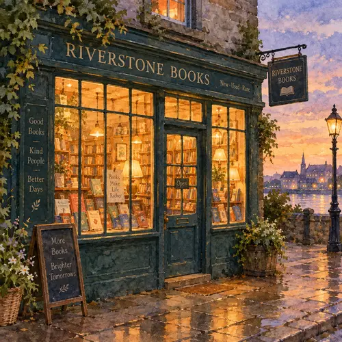 Charming Bookshop at Dusk: A Watercolor Illustration