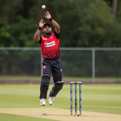 Dynamic Action Shot: Cricket Player Mid-Air Catching Cricket Ball