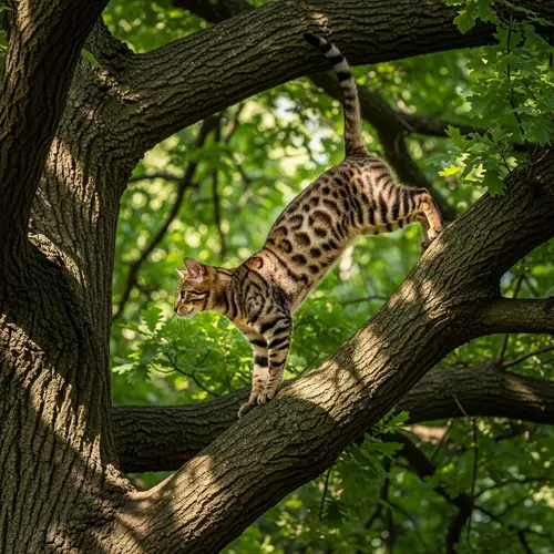 Furry Cat Jumping on Oak Tree | Nature Scene