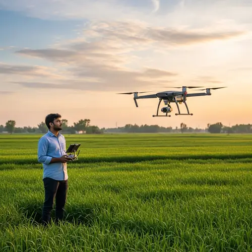 South Asian Man Controlling Drone in Vibrant Field